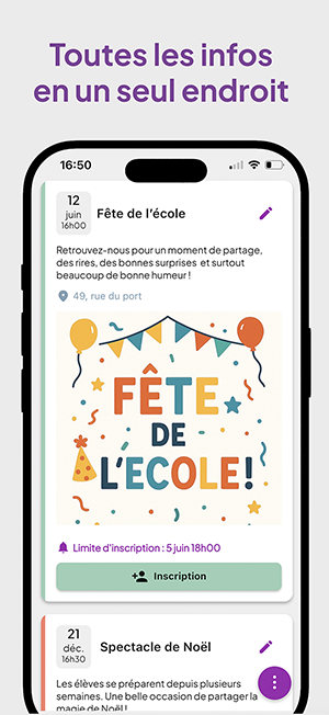 Capture d'écran APE+ - Liste complète des événements scolaires